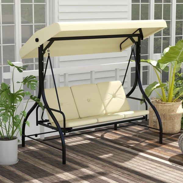 Outsunny 2 in 1 Hollywoodschaukel mit Liegefunktion 3-Sitzer Gartenschaukel mit verstellbarem Sonnendach, Schaukelbank belast bis 240kg, Gartenliege für Garten, Terrasse, 195x117x175 cm, Beige