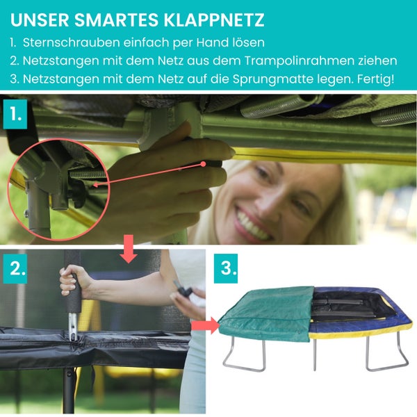 Anleitung zum Abbauen eines Trampolins: Sternschrauben lösen, Netzstangen ziehen, Netz auf die Sprungmatte legen.