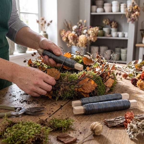 Person beim Binden eines Herbstkranzes mit Draht auf einer Holzspule und Gartenschere auf einem Arbeitstisch.
