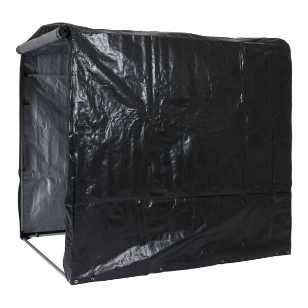 Schwarze Schutzhülle für Regale oder Kaminholz aus robustem Polyethylen mit Metallgestell und aufrollbarer Frontseite.