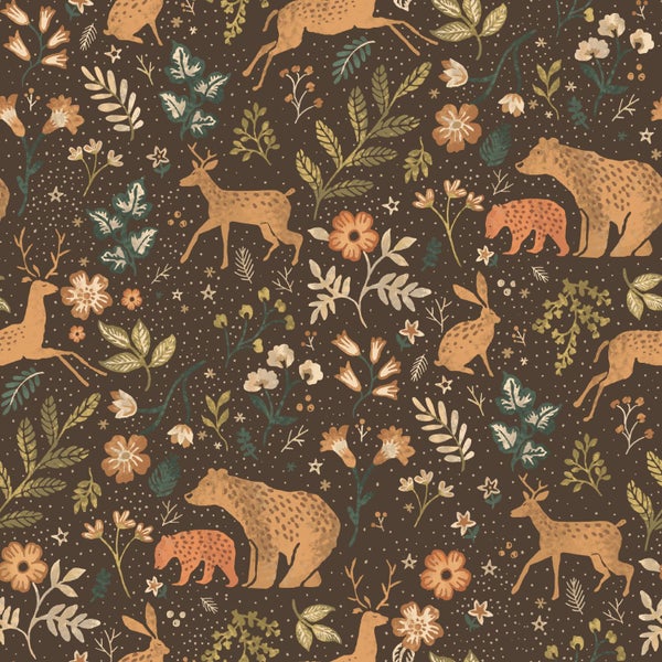 Muster mit Bären, Hirschen, Hasen, Blättern und Sternen