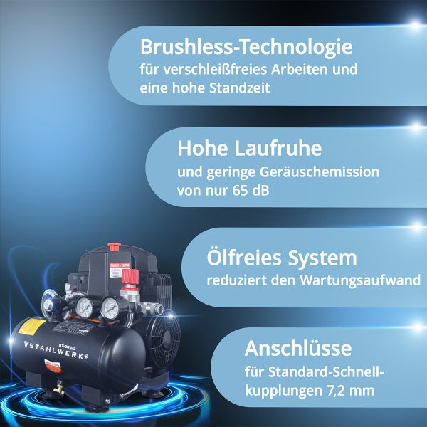 STAHLWERK BT-38 BL Kompressor mit Brushless-Technologie, ölfreiem System und 7,2 mm Standard-Schnellkupplungen