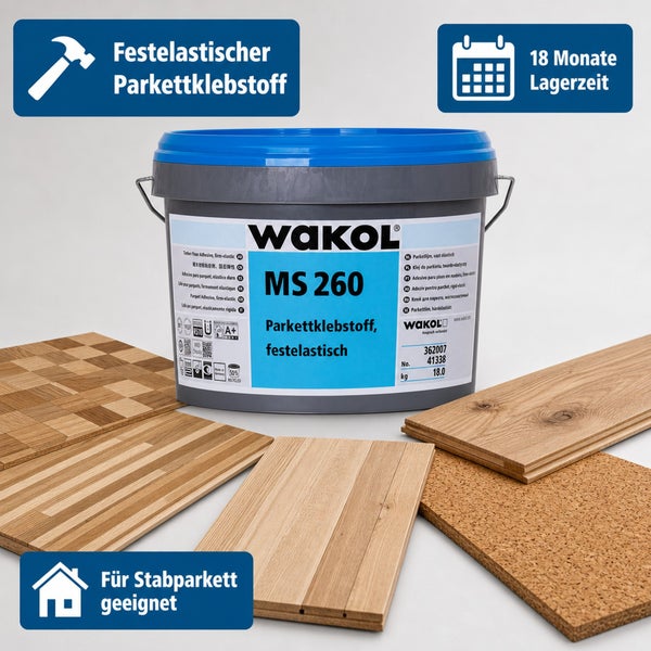 Eimer Wakol MS 260 Parkettklebstoff, festelastisch, 18 Kilogramm, mit Parkettmustern und Korkplatte.