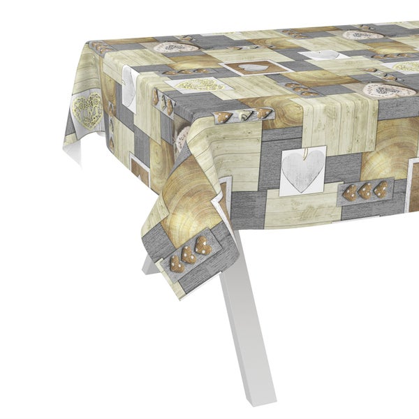 Tischdecke mit Patchwork-Muster aus Holzoptik und Herzmotiven im Landhausstil.