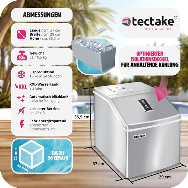 Eiswürfelmaschine tectake  inklusive Eiskorb und Eisschaufel für klare Eiswürfel, 2,2 l Wassertank silber