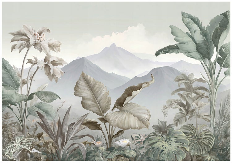 Wandbild mit Berglandschaft und tropischen Pflanzen
