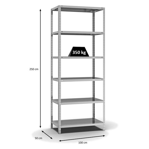 PROREGAL Fachbodenregal Schraubsystem Heavy-Duty Grundregal HxBxT 250 x 100 x 50 cm 6 Ebenen Fachlast 350 kg Beidseitig Nutzbar Verzinkt