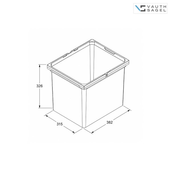 Vauth Sagel Abfalleimer, rechteckig, Maße: Höhe 326 Millimeter, Breite 315 Millimeter, Tiefe 382 Millimeter. Vauth Sagel Logo.