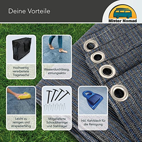 Set mit vier Schraubheringen von 15 cm Länge und zwölf Stahlnägeln von 8 cm Länge zur Befestigung von Planen im Außenbereich. Mister Nomad Logo.