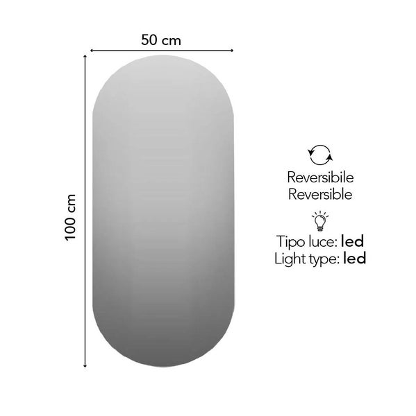 Ovaler Badezimmerspiegel, 100 mal 50 Zentimeter, reversibel montierbar, mit LED Beleuchtung.