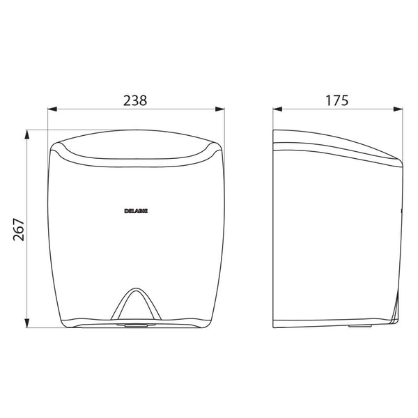 Technische Zeichnung eines Delabie Händetrockners mit Maßen: Höhe 267 Millimeter, Breite 238 Millimeter und Tiefe 175 Millimeter.