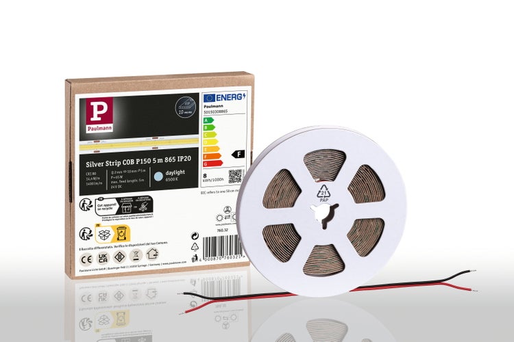 Paulmann LED-Streifen Silver Strip COB, 5 Meter, tageslichtweiß 6500 Kelvin, IP20, Paulmann Logo, inklusive Spule mit Anschlusskabel.