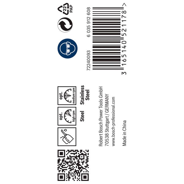 Verpackungsdetails mit Informationen zu Material, Umdrehungen und Hersteller.