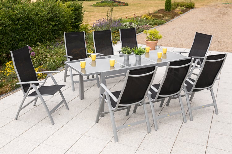 Carrara Gartenmöbelset 9tlg., Klappsessel, Ausziehtisch 160 (220) x 90 cm, schwarz