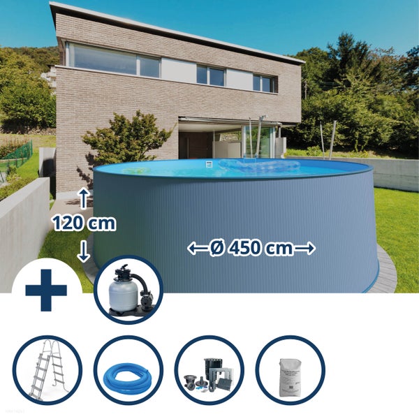 Rundpool mit 450 Zentimeter Durchmesser und 120 Zentimeter Höhe sowie Zubehör wie Sandfilteranlage, Leiter, Schlauch, Einbauteile und Quarzsand