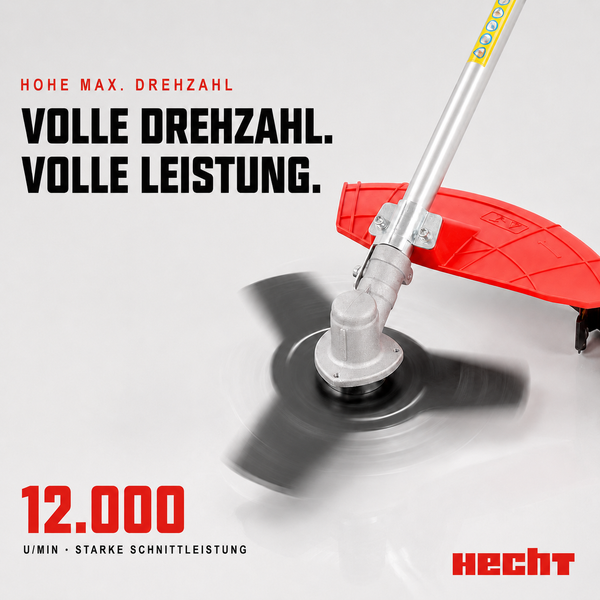 Hecht Freischneider mit rotierendem 3-Zahn-Schneidblatt bei 12.000 Umdrehungen pro Minute für hohe Schnittleistung. Hecht Logo.