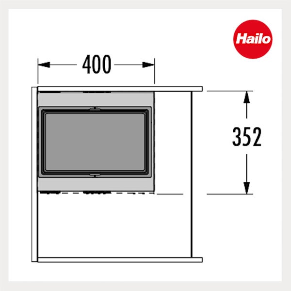 Technische Zeichnung eines Hailo Einbausystems mit einer Breite von 400 und einer Höhe von 352, Hailo Logo.