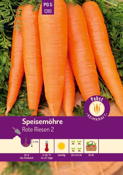 Samentüte für Speisemöhre Rote Riesen 2 mit Pabst Keimkraft Logo und Anbauinformationen wie Aussaat im Freiland, sonnigem Standort und Erntezeit.