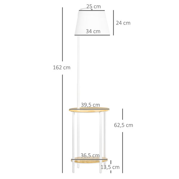 Stehlampe mit Tischfunktion und Abmessungsangaben