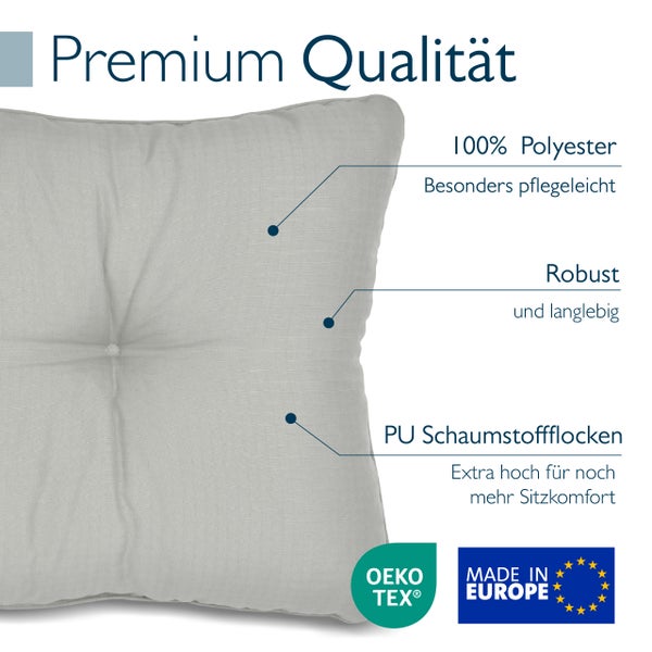 Graues Sitzkissen aus 100 Prozent Polyester mit Schaumstoffflocken, Oeko-Tex Standard 100 schadstoffgeprüft und hergestellt in Europa.