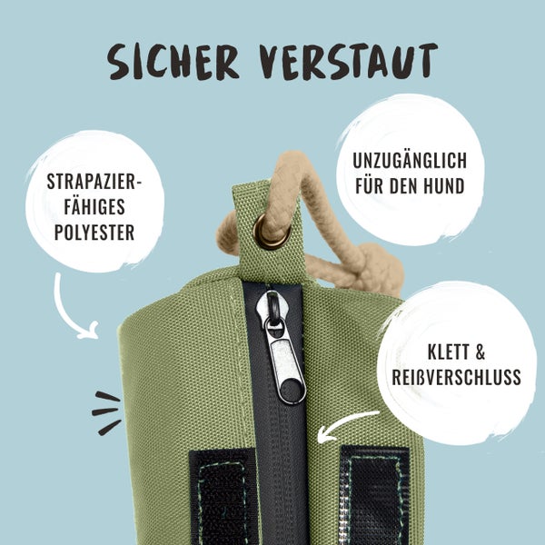 Detailansicht eines sicheren Hundebeutel-Verschlusses mit robustem Polyester, Klettverschluss und Reißverschluss