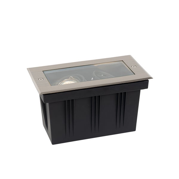 Rechteckiger Bodeneinbaustrahler aus Edelstahl und Glas für zwei Leuchtmittel mit schwarzem Kunststoffgehäuse für den Außenbereich.