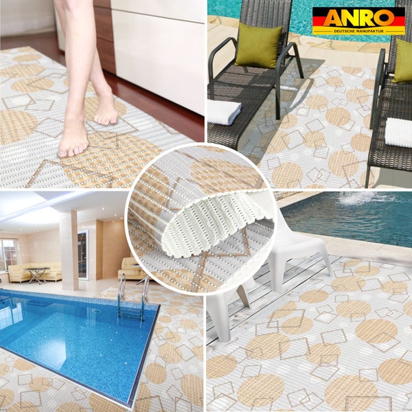 Teppich mit geometrischem Muster aus Kreisen und Quadraten in Küche und am Pool. Detail der Struktur und rutschfesten Unterseite. ANRO Logo.
