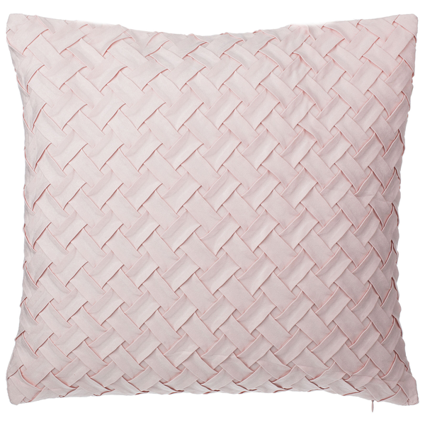 Quadratisches Dekokissen in Rosa mit geflochtener Struktur.
