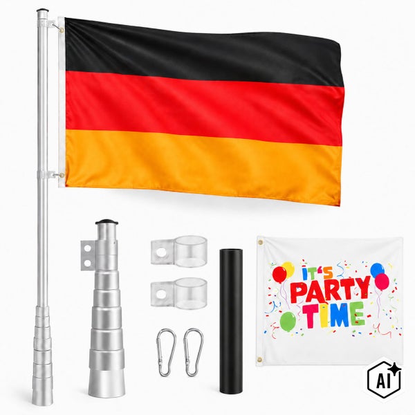 Fahnenmast-Set mit Deutschlandflagge und zusätzlicher Partyflagge, inklusive Befestigungsmaterial und Karabinerhaken für den Außenbereich.