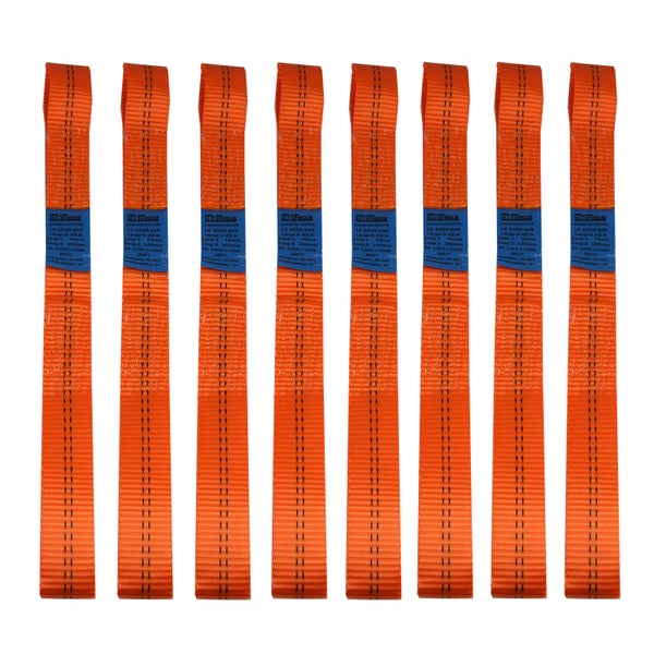 Set aus acht Hebeschlingen aus Polyester mit einer Tragkraft von eintausend Dekanewton und einer Länge von null komma vier fünf Metern.