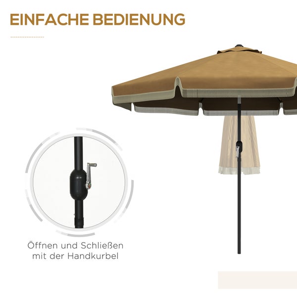 Outsunny Sonnenschirm, Terrassenschirm mit Fransen, neigbarer Strandschirm mit 8 Rippen, für Garten, Balkon, Ø265 cm, Polyester, Stahl, Khaki