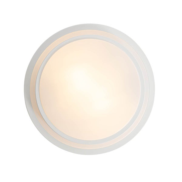 Runde Deckenleuchte oder Wandleuchte mit weißem Rahmen und warmweißem Licht in modernem mehrschichtigem Design.