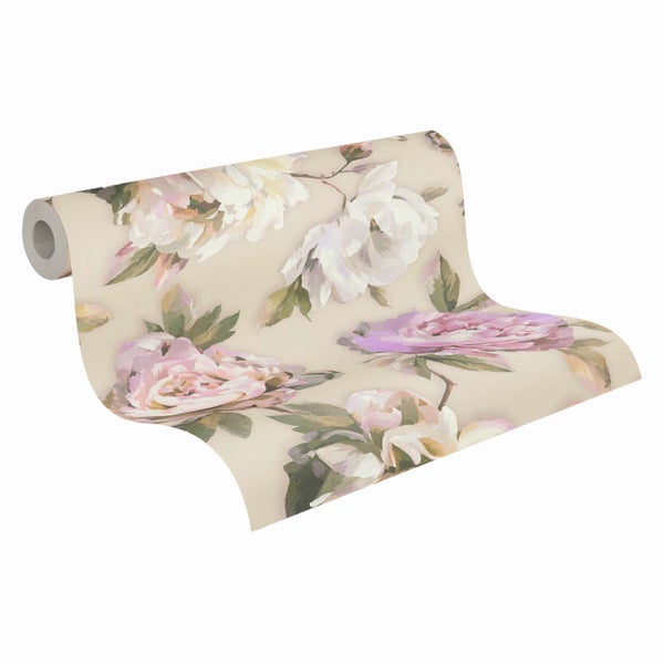 Tapetenrolle mit floralem Motiv in Aquarelloptik mit Pfingstrosen und Blättern auf hellem Grund