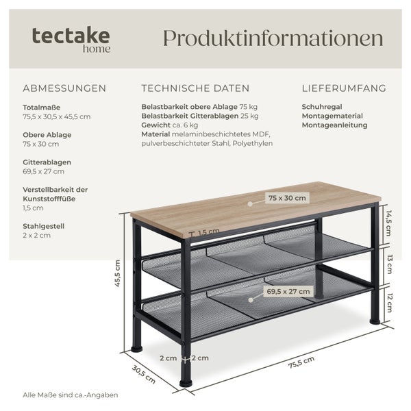 Produktinformationen zu einem Schuhregal von tectake home mit Maßen und technischen Daten