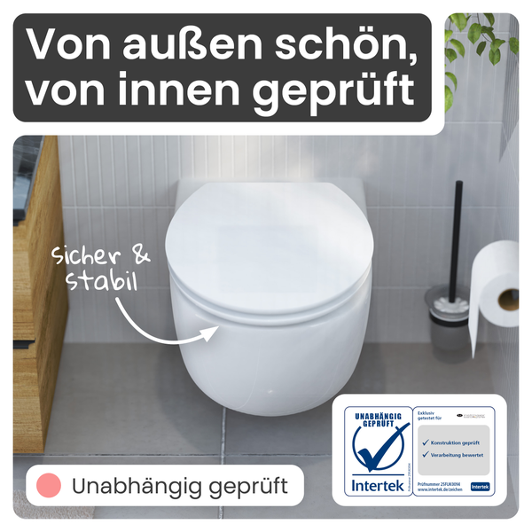 Wand-WC im Badezimmer mit Intertek Prüfsiegel für geprüfte Konstruktion und Verarbeitung