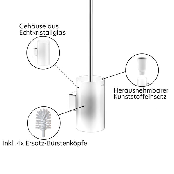 Keuco Toilettenbürstengarnitur mit Halterung aus Echtkristallglas, herausnehmbarem Kunststoffeinsatz und vier Ersatz-Bürstenköpfen.