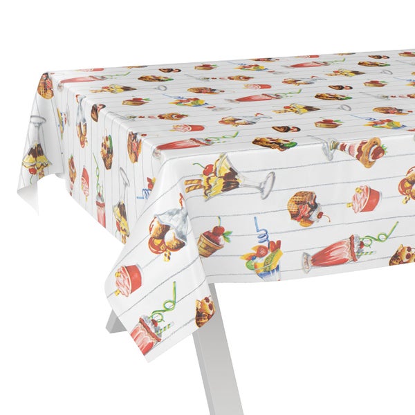 Tischdecke mit bunten Eiscreme- und Dessert-Motiven auf weißem Untergrund mit feinen Linien.