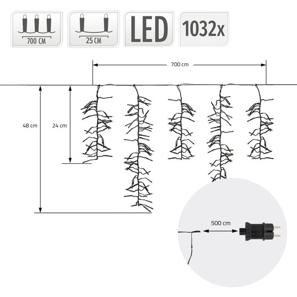 Technische Zeichnung einer LED Lichterkette mit 1032 Lichtern, 700 Zentimeter Länge und verschiedenen Abmessungen der hängenden Stränge.
