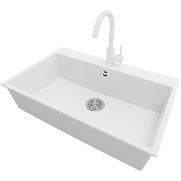 PRIMAGRAN Granitspüle Weiß 78x50cm, Spülbecken 1 Becken + Küchenarmatur 32x20cm + Ablauf-Set, Küchenspüle ab 80er Unterschrank - Riga