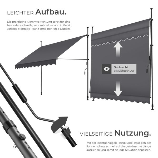 Klemmmarkise tectake  einfache Montage mit Handkurbel schwarz/grau