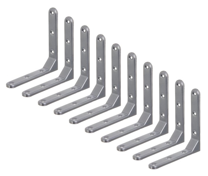 Ein Set aus zehn stabilen Metallwinkeln zur Befestigung und Stabilisierung von Regalen oder Holzkonstruktionen.
