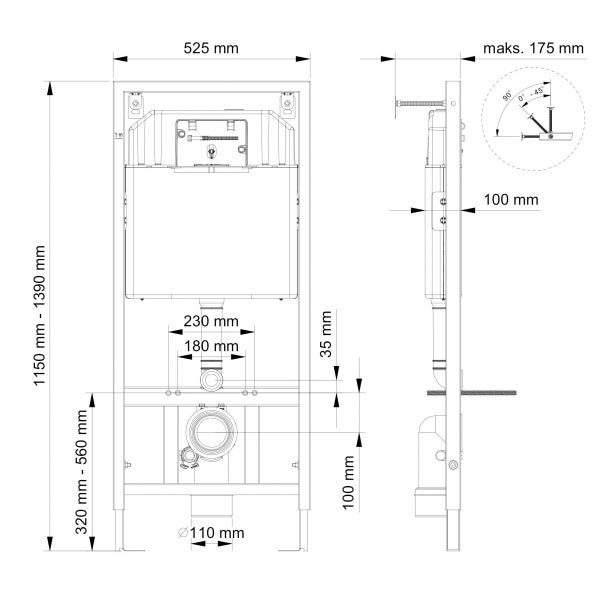 Technische Zeichnung eines WC-Vorwandelements mit Maßen: Breite 525 Millimeter, Höhe 1150 bis 1390 Millimeter, Tiefe maximal 175 Millimeter.