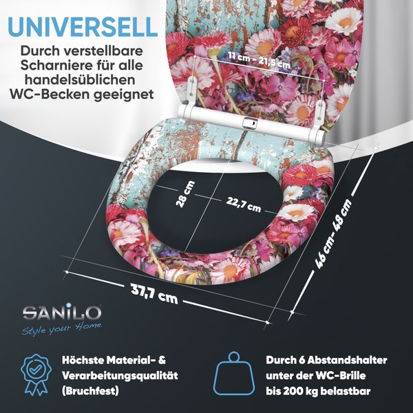 WC Sitz mit Blumenmuster und verstellbaren Scharnieren, Sanilo Logo, inklusive Maßangaben, bis 200 Kilogramm belastbar.