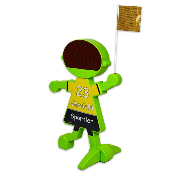 UvV 3D Warnschild Spielende Kinder als Sportler, reflektierendes Trikot mit Wunschtext / blau & weiß
