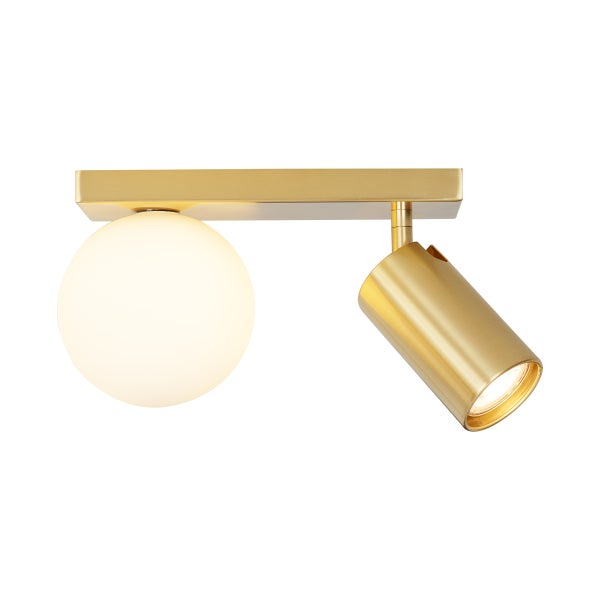 Goldfarbene Deckenleuchte mit einem runden und einem zylindrischen Lampenschirm