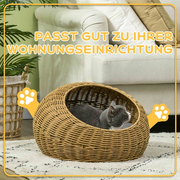 PawHut Rattan Katzenkorb, Ø50 x 31H cm, PE-Rattan, Polyester, Braun