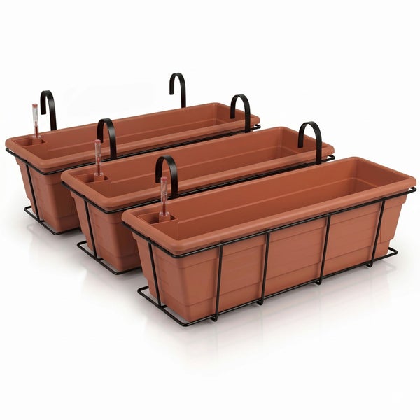 Drei rechteckige Balkonkästen aus Kunststoff mit schwarzen Metallhalterungen und Wasserstandsanzeigern.