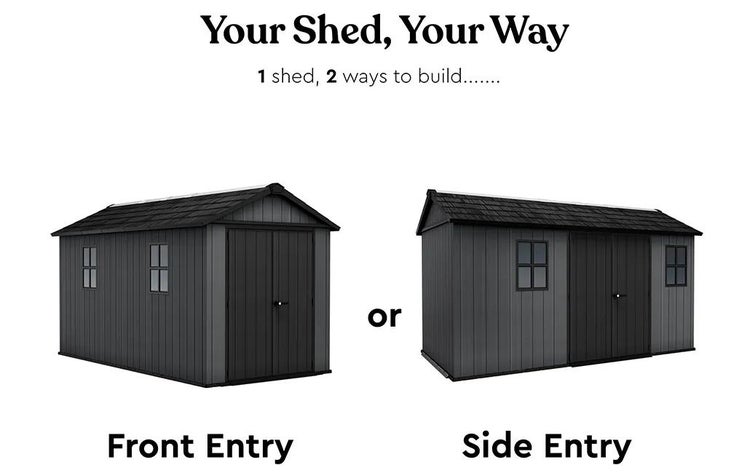 Gartenhaus mit zwei Aufbauoptionen: Eingang an der Frontseite oder an der Seite.