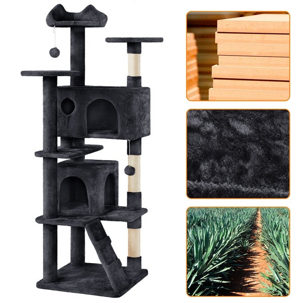 Grauer Katzenkratzbaum mit mehreren Ebenen, Höhlen und Sisalsäulen