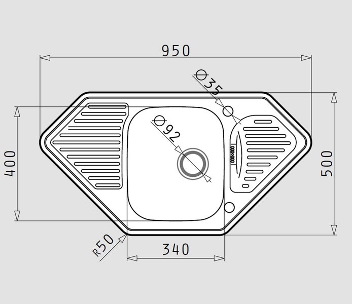 Technische Zeichnung einer Spüle mit Maßangaben